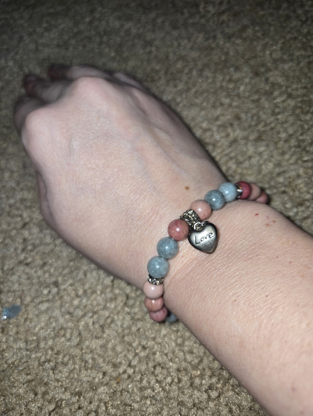 Boho Gemstone Love Bracelet Pink Blue Beads Heart Charm 301